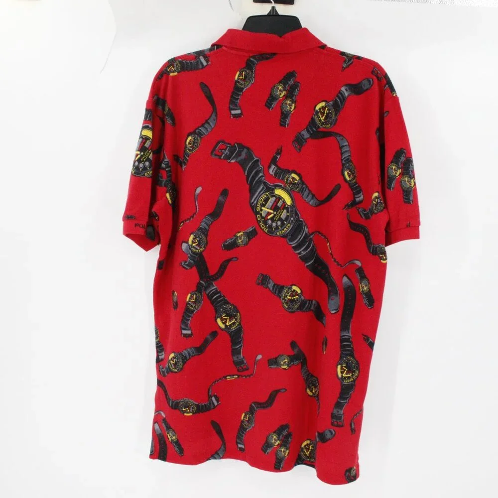 NWT Vintage Ralph Lauren Polo Sport Shirt Mens Medium All Over Watch Print